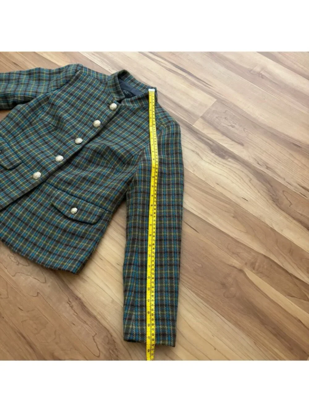 Talbots Shetland Officer Jacket 6P Green Plaid Wool Blend Gold Buttons